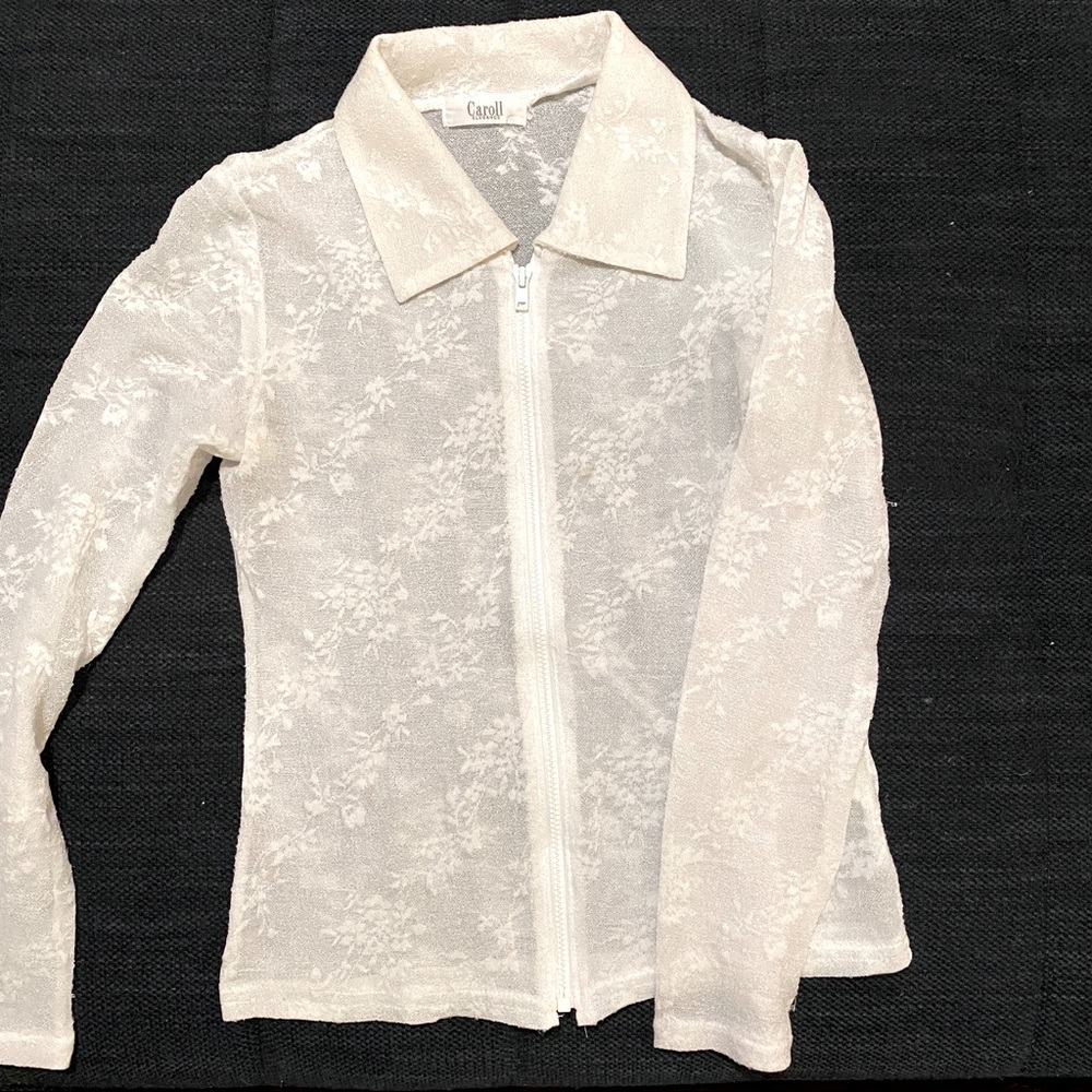 Vintage 90s Sheer Lace Collared Zip Up Top